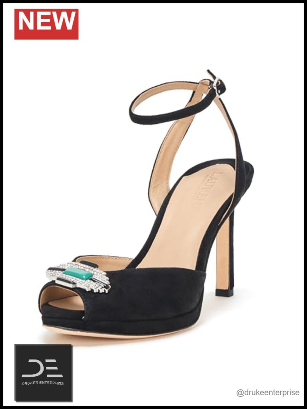 Kyla Embellished Suede Sandal Crystal Stone Vamp Heel